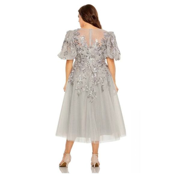 Mac Duggal 20475 Silver Gray Sequin Beaded Tulle Midi Dress Size 12 NWT - Picture 3 of 9